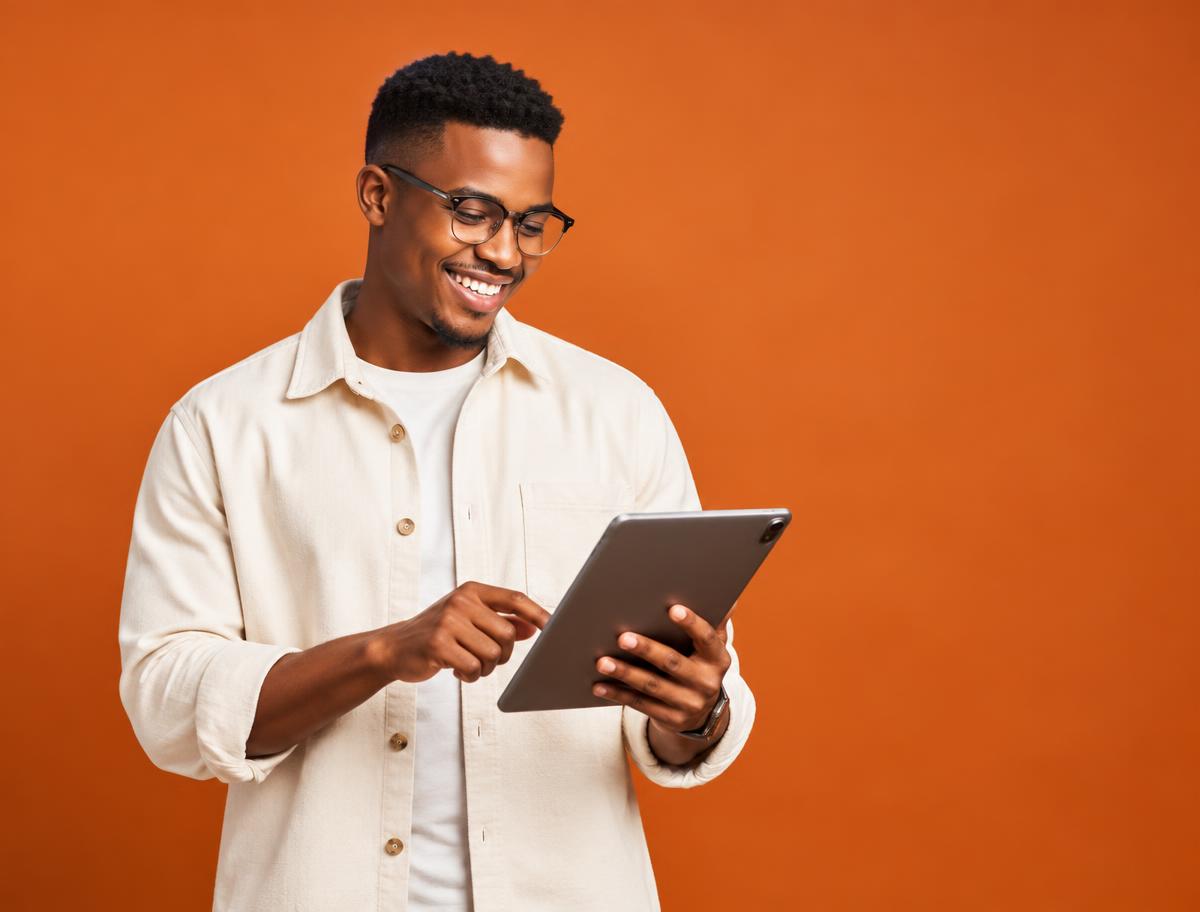Investor smiling while using a tablet