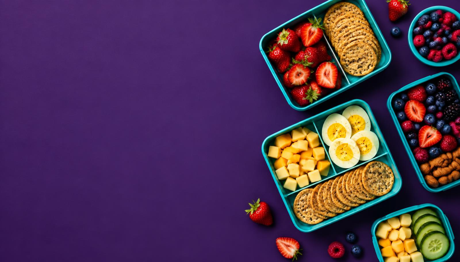 Colourful lunch boxes arranged on a purple background